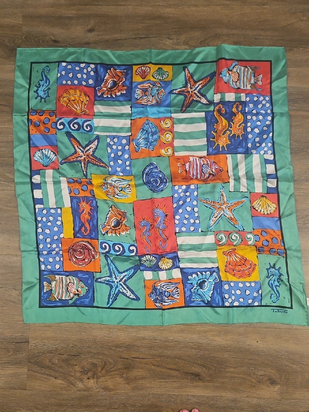 Talbots Vintage Multicolor Nautical Print Silk Scarf - Green Border